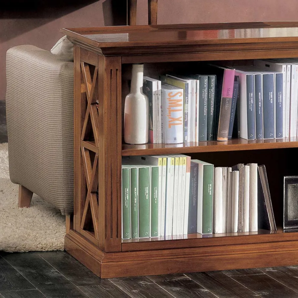 Niedriges Bücherregal mit Holzstruktur und offenen Fächern, hergestellt in Italien – Fauno