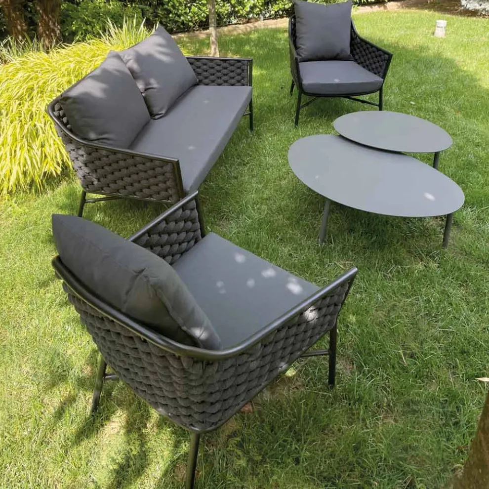 Wohnzimmer bestehend aus Sofa, Sesseln und 2 Couchtischen aus Aluminium - Yuma
