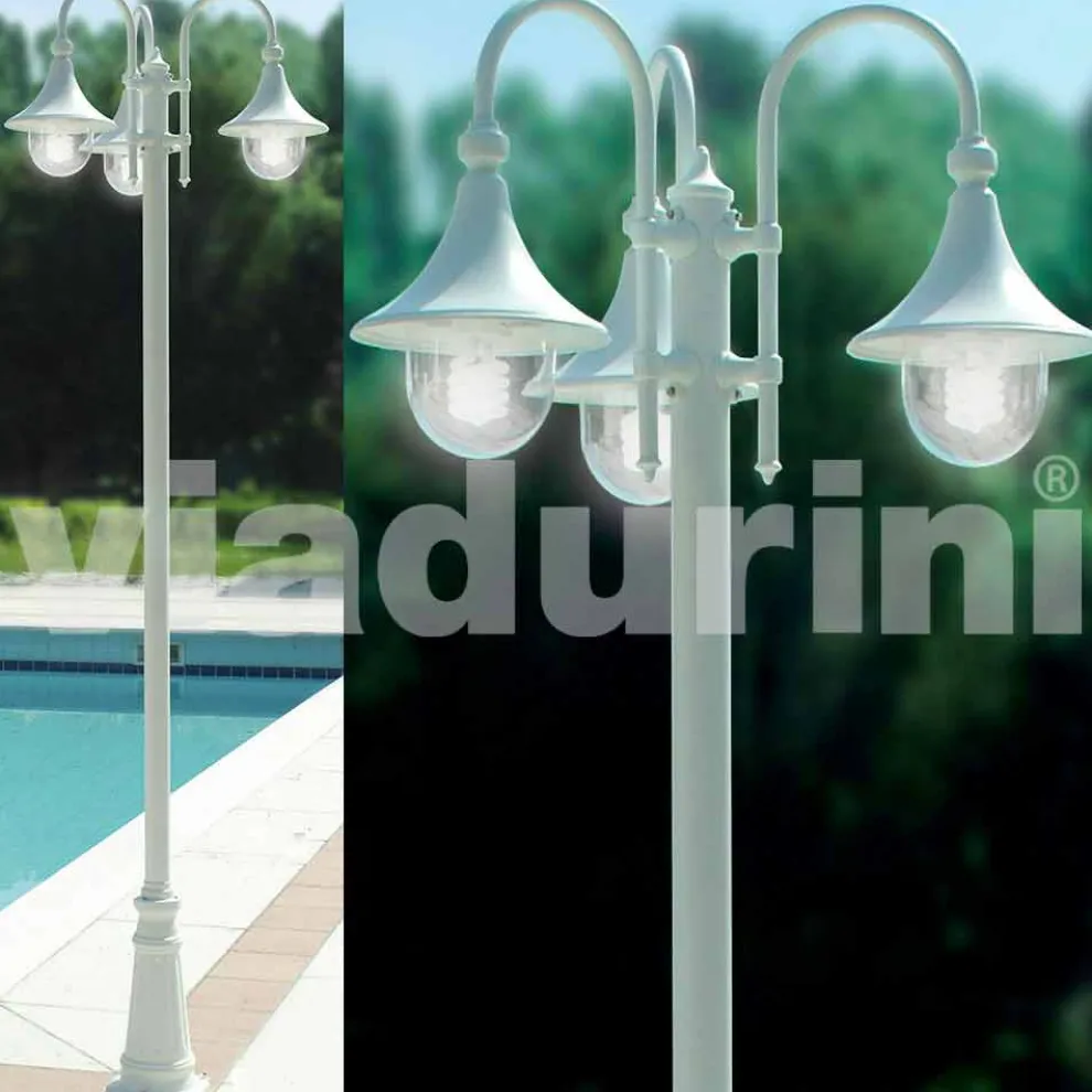 Outdoor drei Lichter Laternenpfahl aus weißem Aluminium, made Italy, Anusca