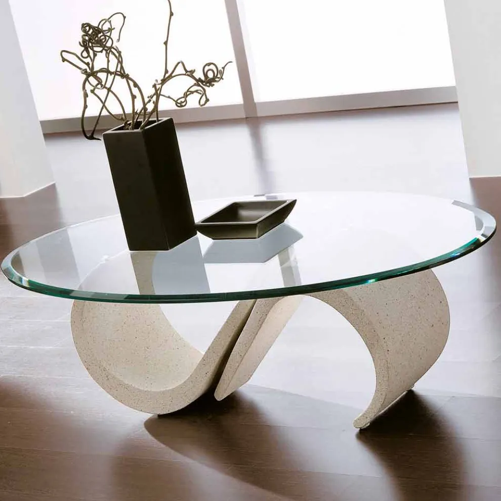 Ovaler Couchtisch aus abgeschrägtem Glas und synthetischem Marmor Made in Italy - Barbera