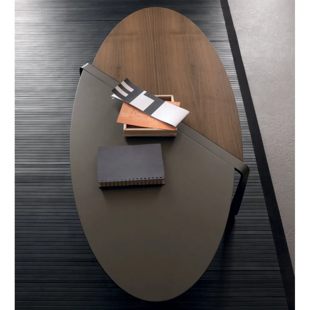 Ovaler Couchtisch aus Metall und zweifarbiger Holzplatte - Comacchio