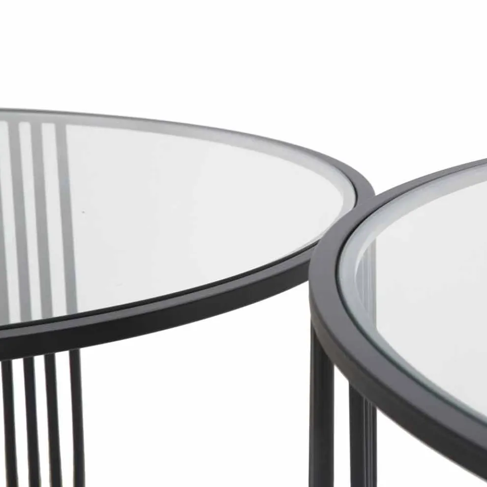 Paar moderne runde niedrige Couchtische aus Glas und Eisen - Mirna