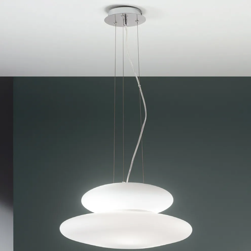 Pendelleuchte aus geblasenem weißem Glas und verchromtem Metall - Illumina