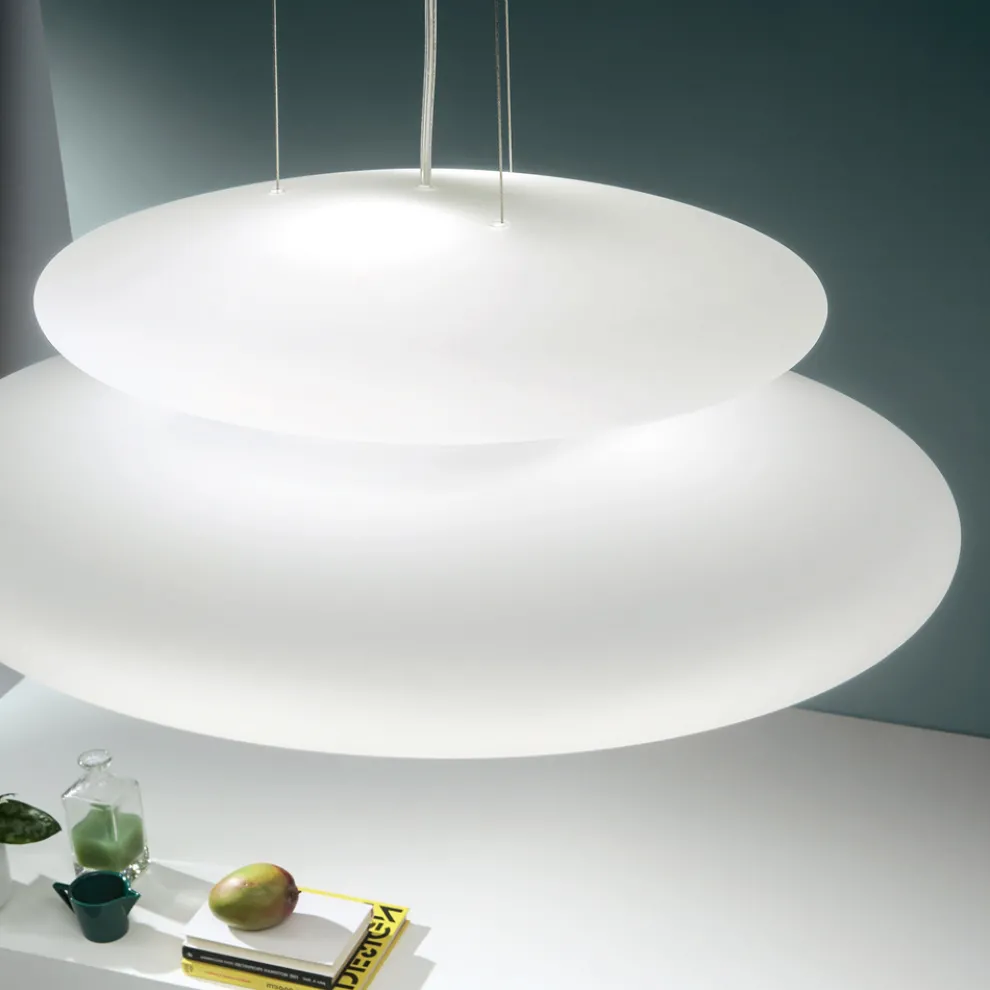 Pendelleuchte aus geblasenem weißem Glas und verchromtem Metall - Illumina