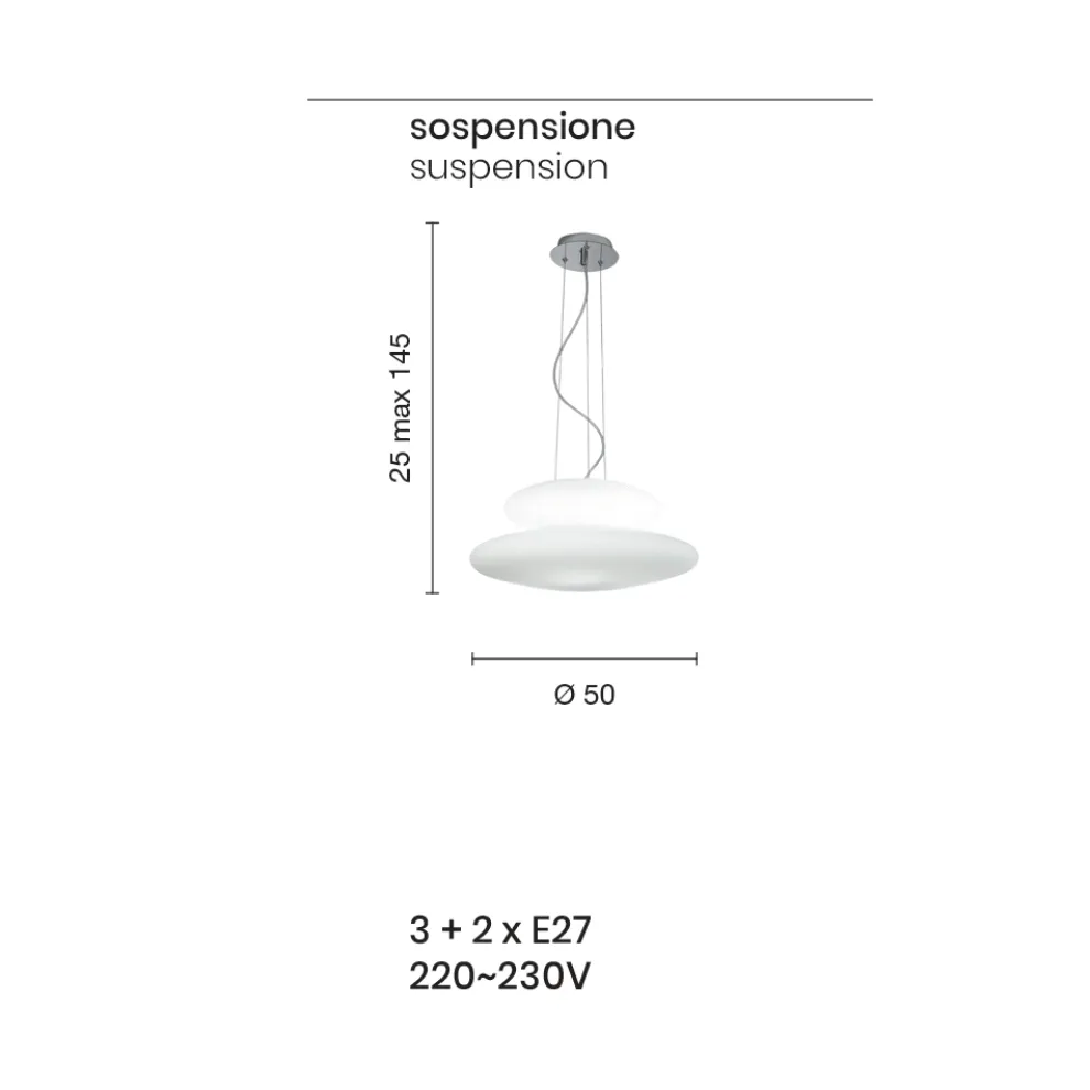 Pendelleuchte aus geblasenem weißem Glas und verchromtem Metall - Illumina