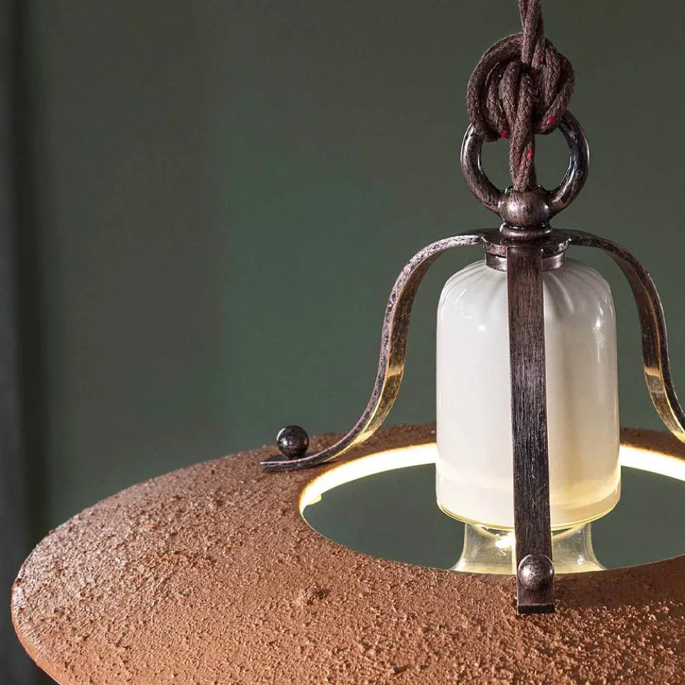 Pendelleuchte aus Eisen und handgefertigter roher Keramik - Bologna