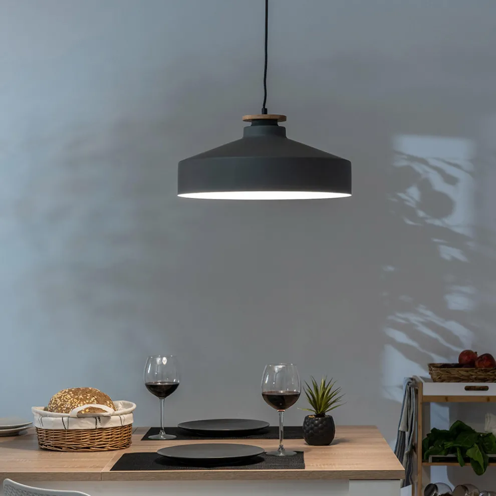 Pendelleuchte aus grauem Metall und Holz mit Nylonkabel - Marlena