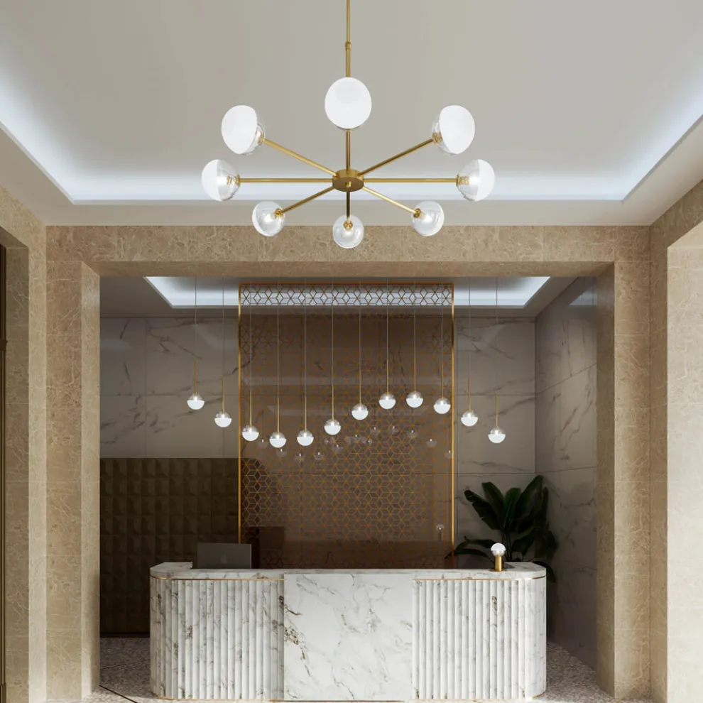 Pendelleuchte 8-flammig aus natürlichem Messing und Glas - Molecola von Il Fanale