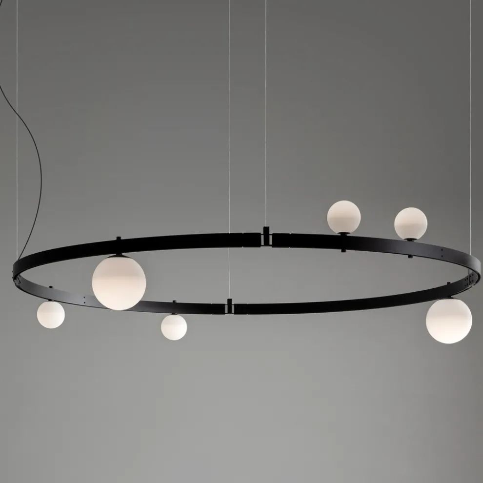 Pendelleuchte im runden Design aus schwarzem Aluminium mit Kugeln und Strahlern - Exodus