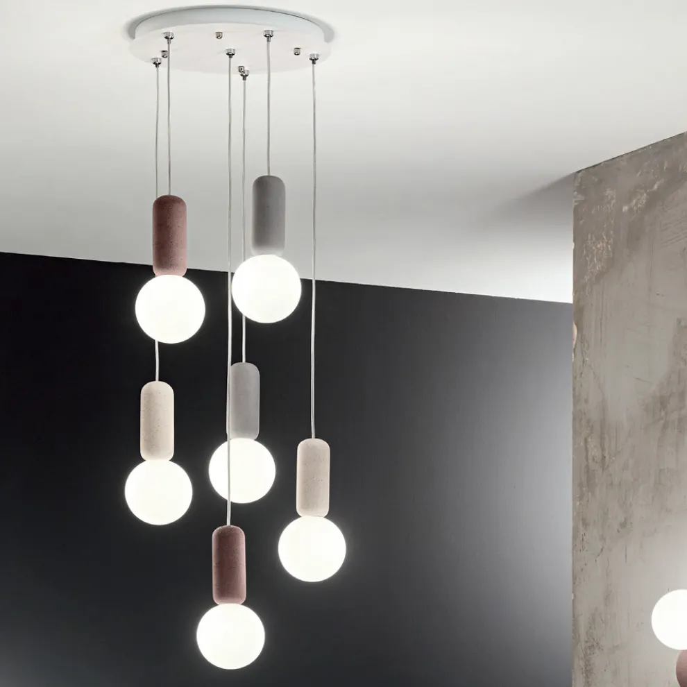 Pendelleuchte mit 6 oder 10 Lichtern aus Zement und mundgeblasenem Glas - Duster