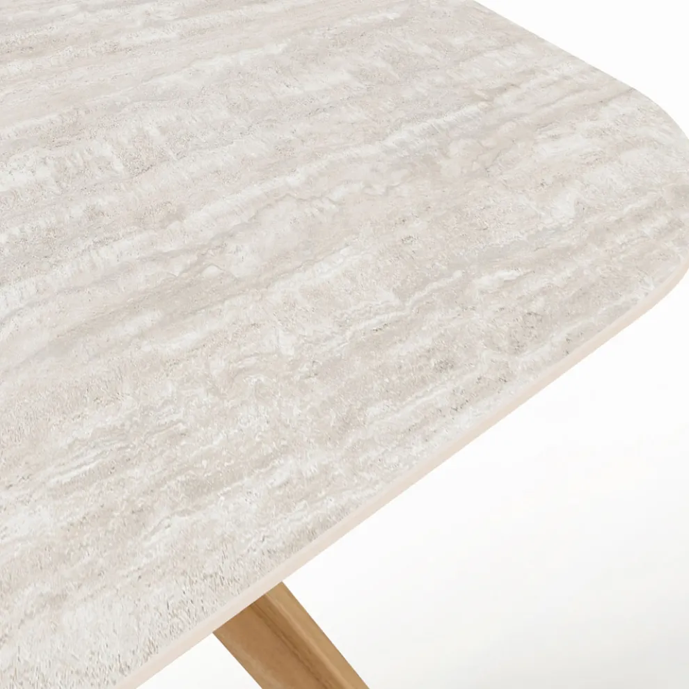 Tisch mit Holzsockel und Keramikplatte aus Travertino Chiaro - Infinity