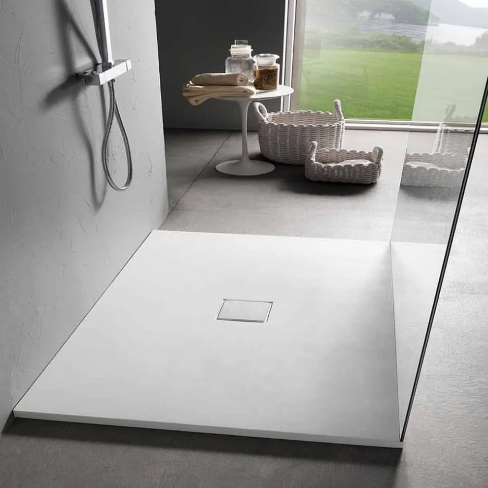 Quadratisches Design Duschwanne 90x90 in Samt-Effekt aus weißem Harz - Estimo