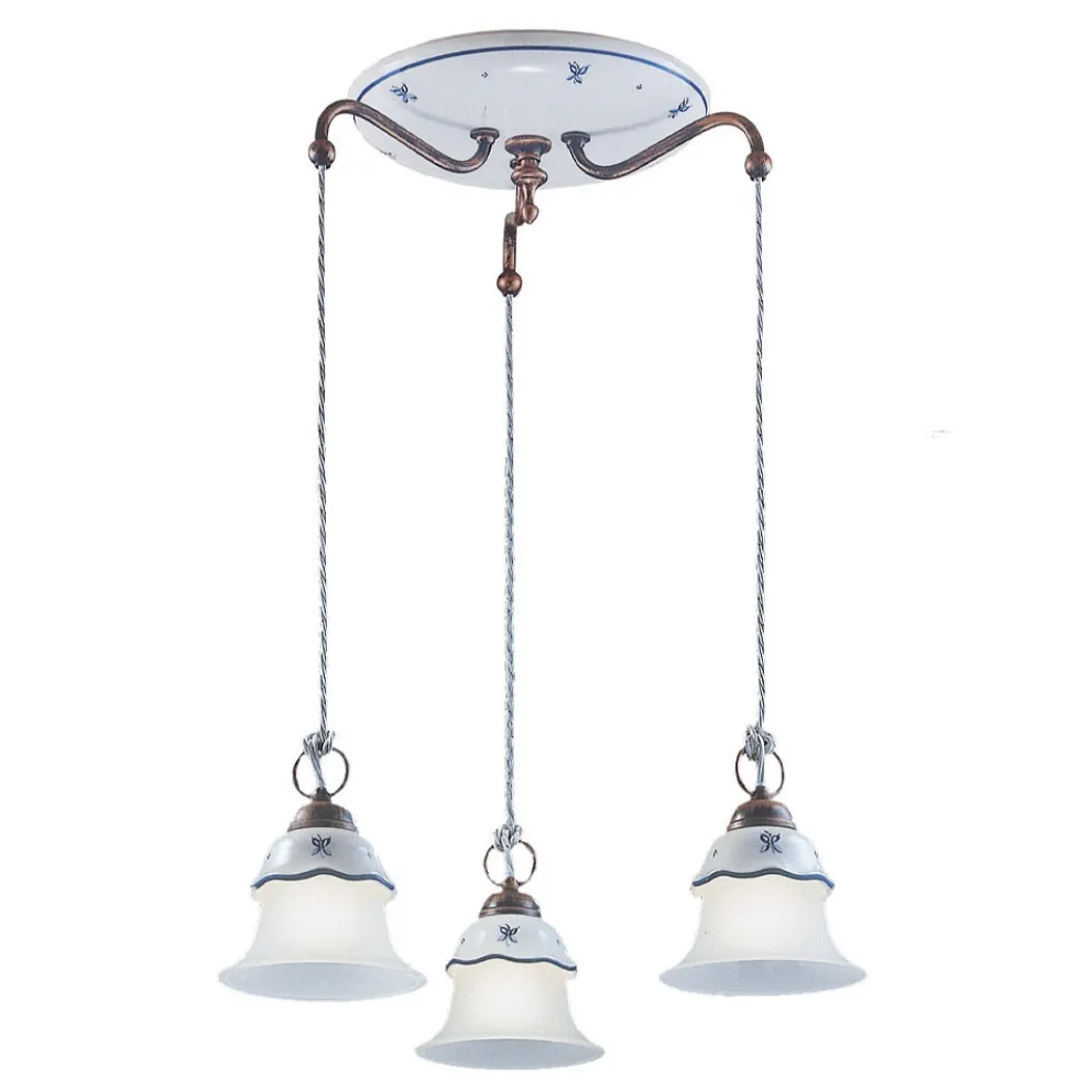 Runde Hängelampe aus Eisen, Glas, handbemalter Keramik - Ferrara