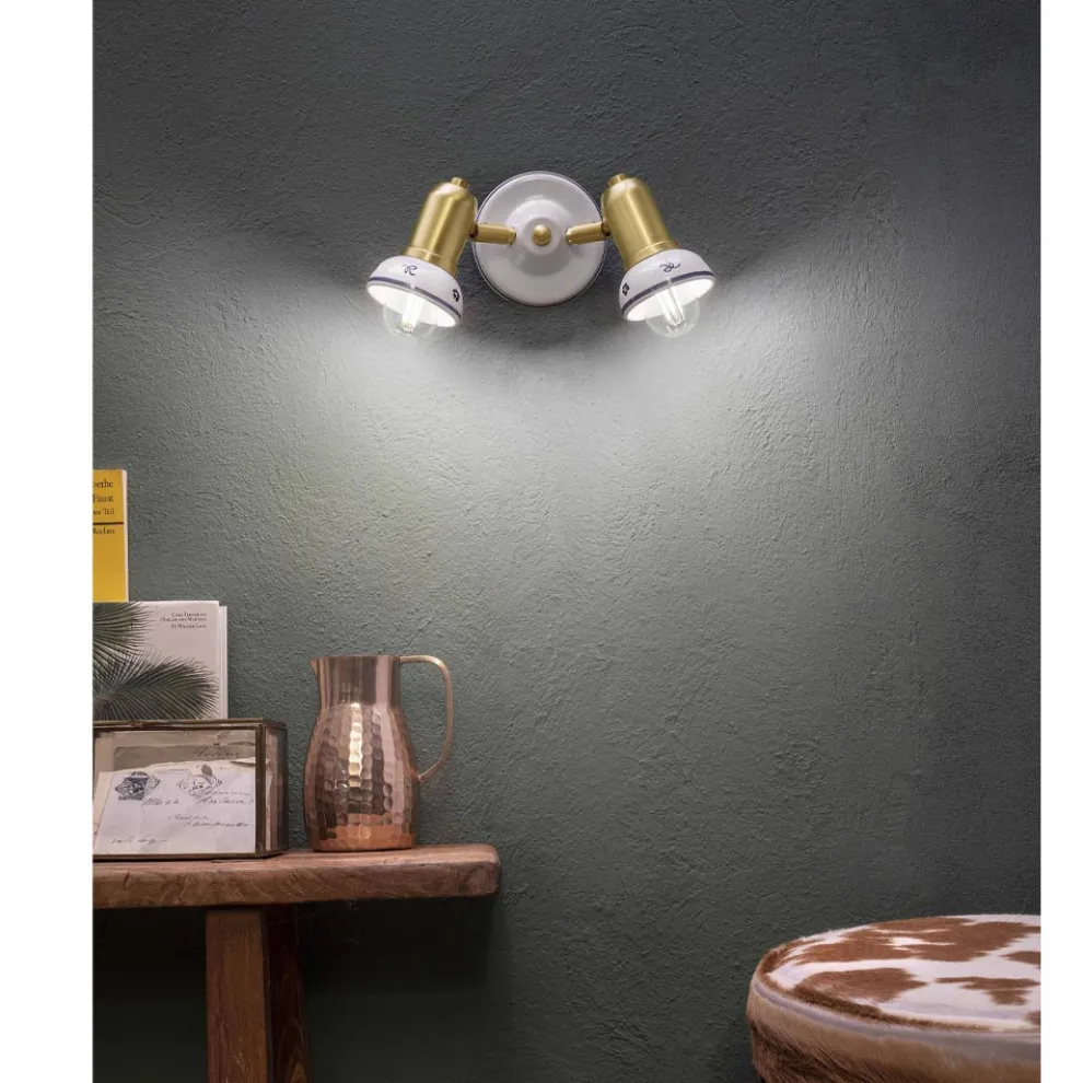 Runde Wandleuchte 2 Strahler aus Messing und handbemalter Keramik - Savona