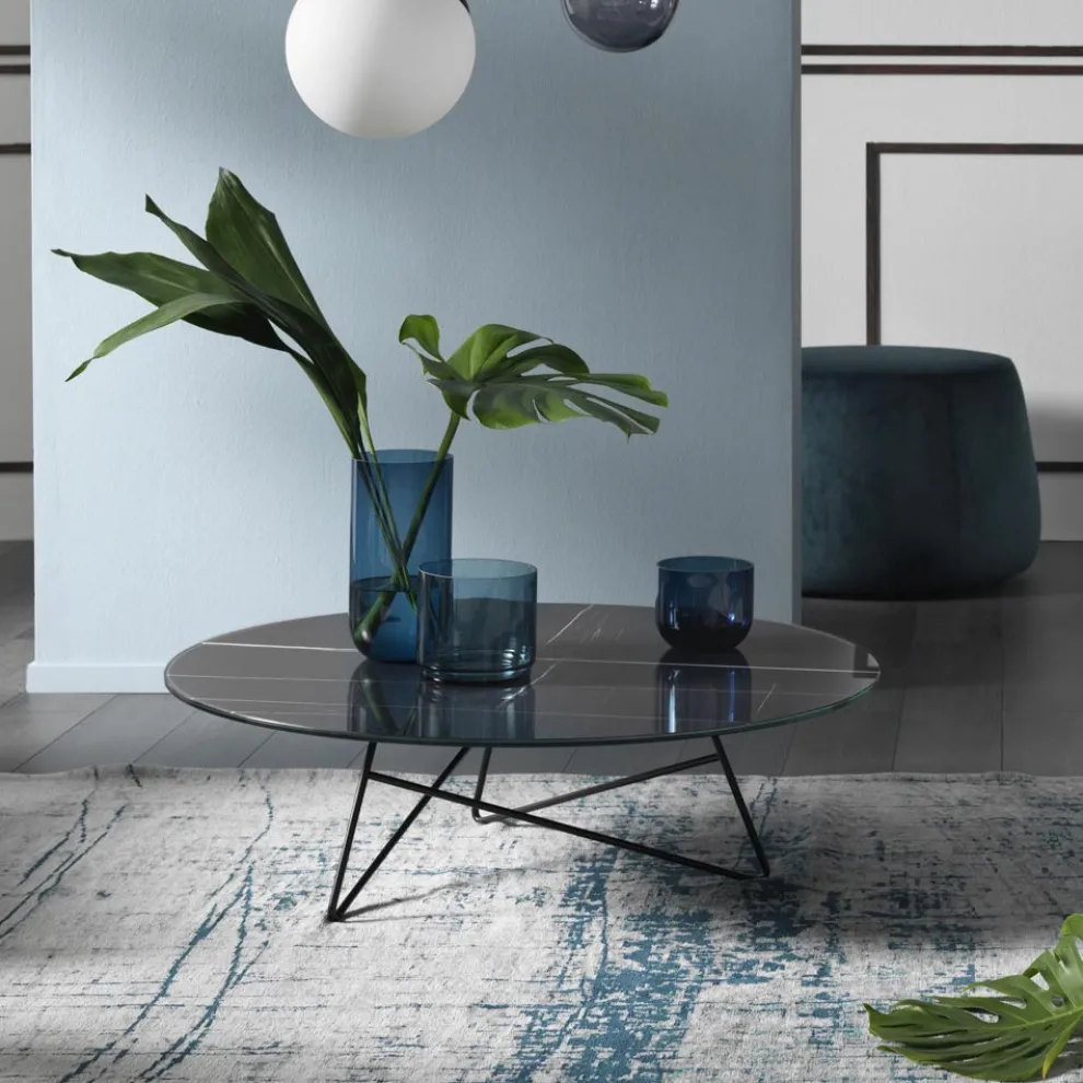 Runder Couchtisch für Wohnzimmer aus Metall und Glas mit luxuriösem Marmoreffekt - Magali