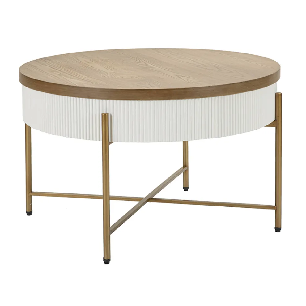 Runder Couchtisch aus Holz für das Wohnzimmer, verziert mit Relieflinien - Rachel