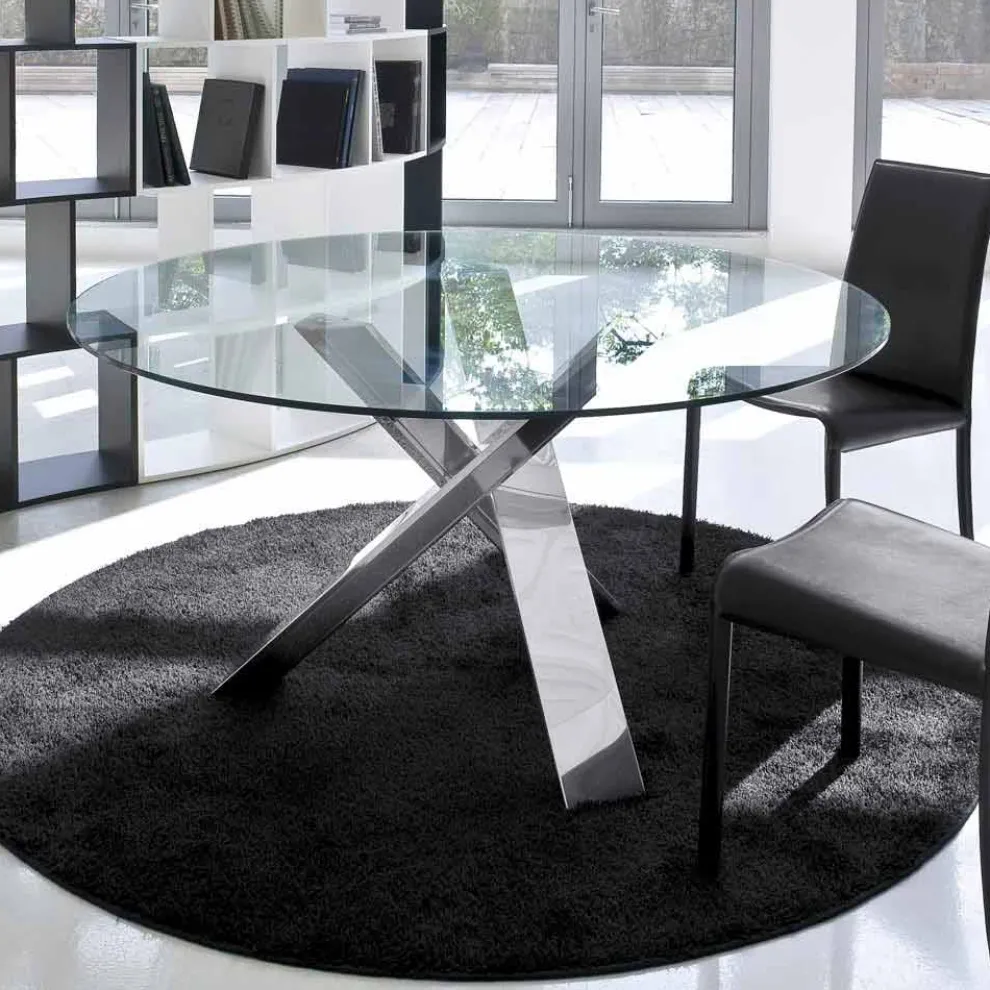 Runder Designtisch D 120 mit Kristallplatte made in Italy Cristal