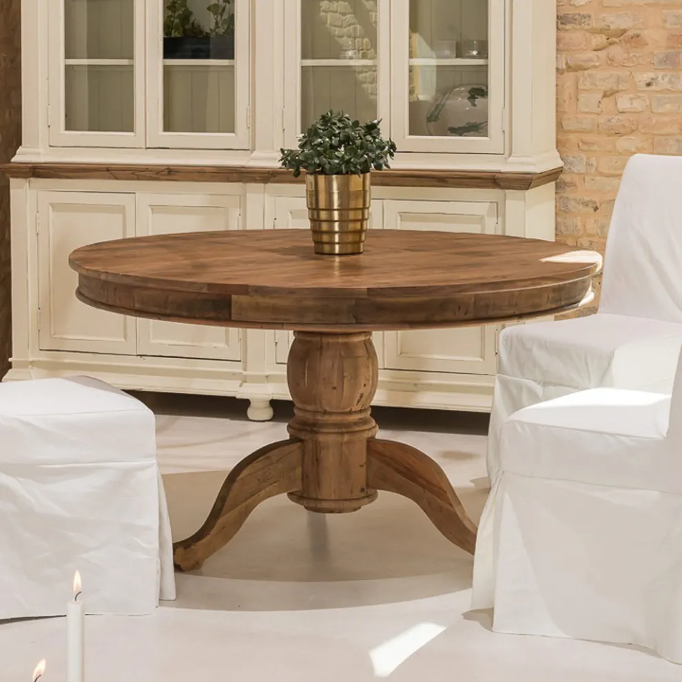 Runder Esstisch aus recyceltem Tropenholz mit zentralem Fuß - Slide