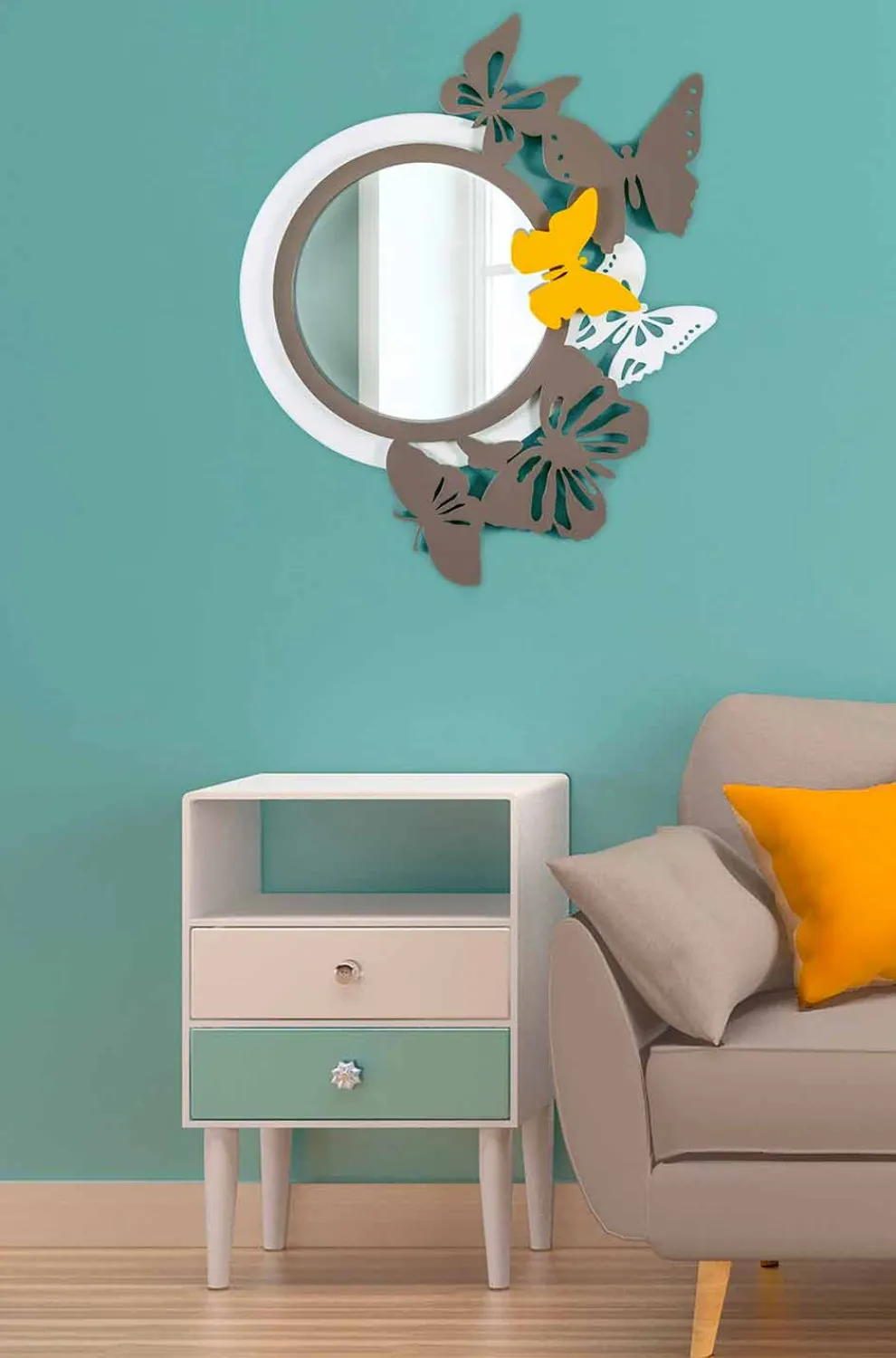 Runder Spiegel aus modernem Design aus farbigem Holz mit Schmetterlingen - Beat