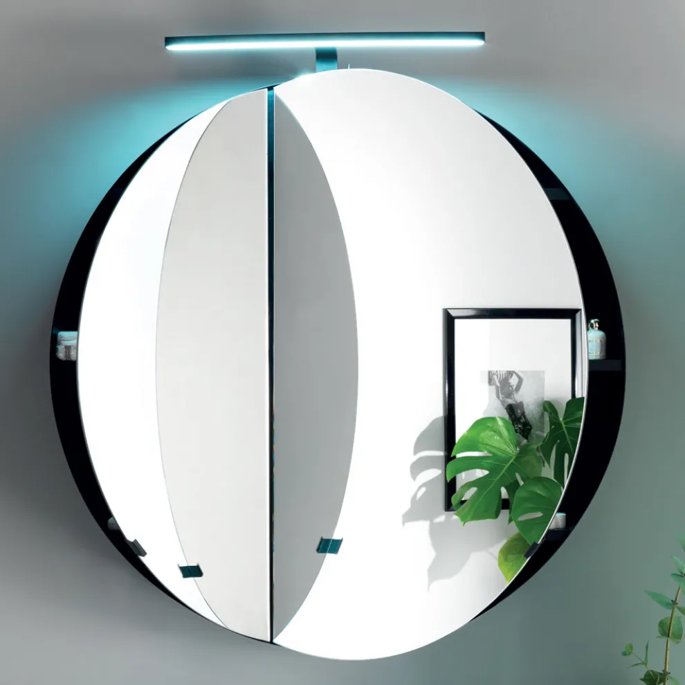 Runder Spiegelbehälter aus Metall mit Doppelspiegel, hergestellt in Italien – Charles