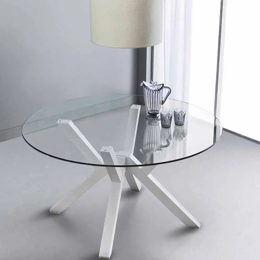 Runder Tisch aus Glas und Buchenholz weiß Burgos