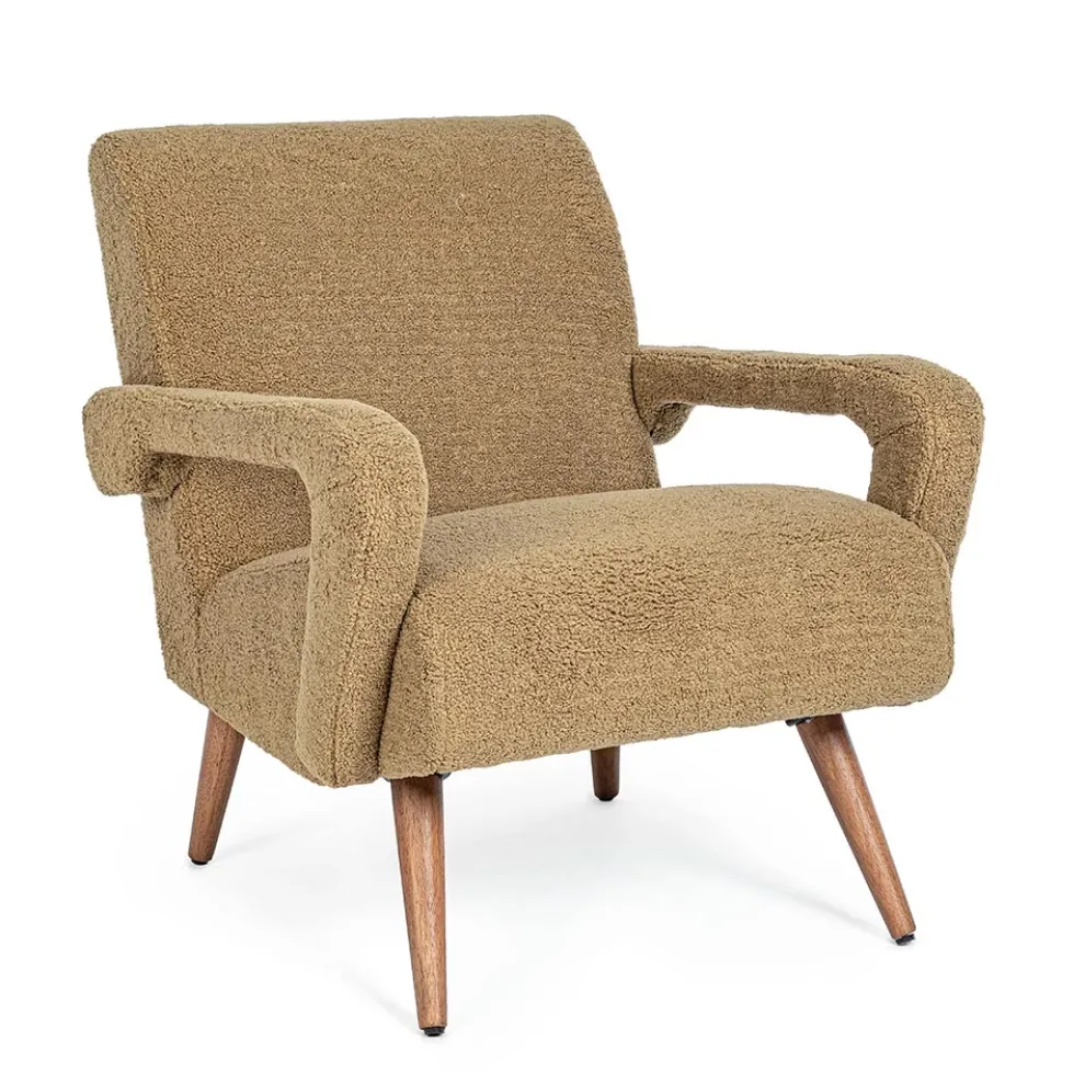 Sessel mit Armlehnen aus Gummibaumholz und Sitz mit Wolleffekt - Patrizia