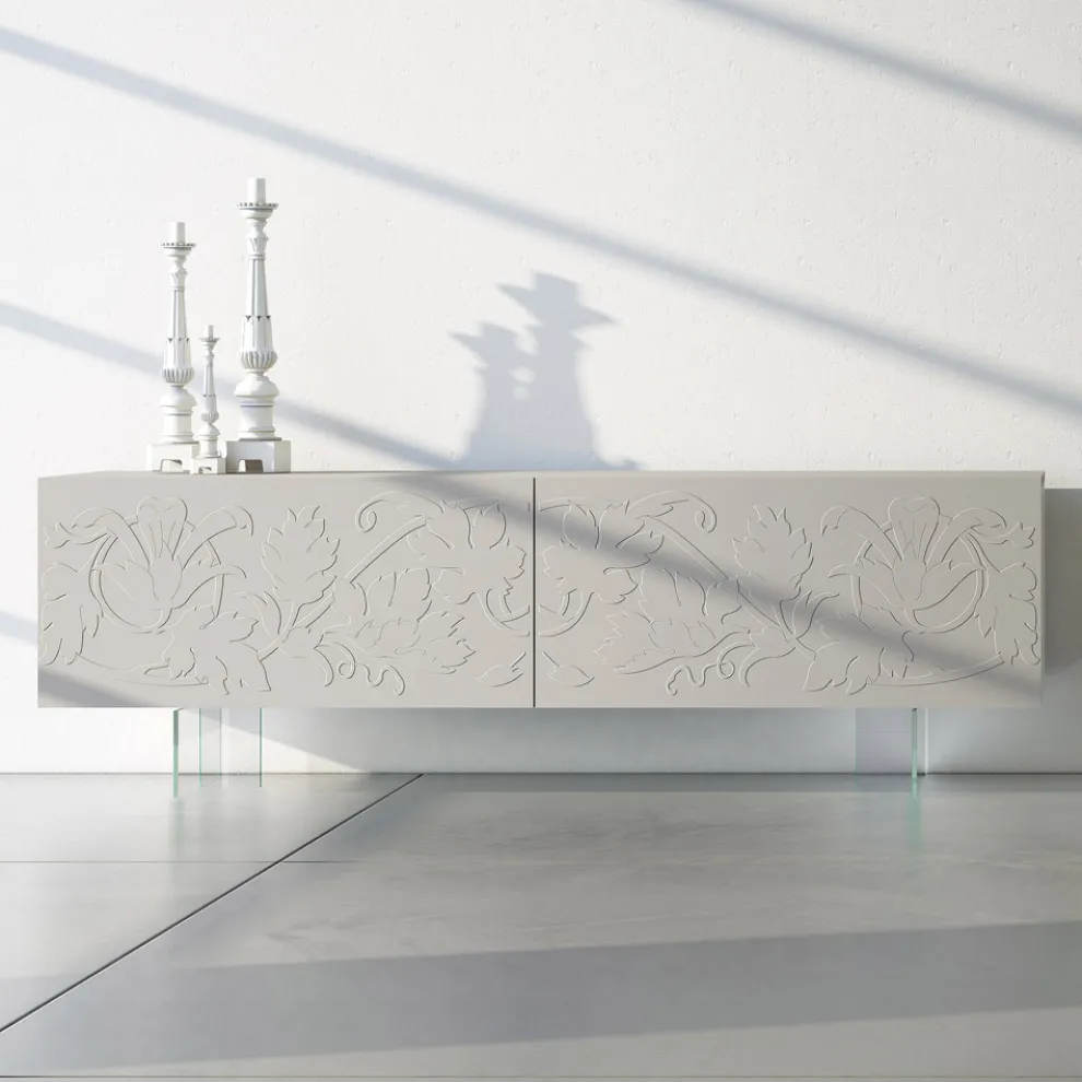 Sideboard aus hellgrauem MDF mit Glasfüßen Made in Italy - Germena