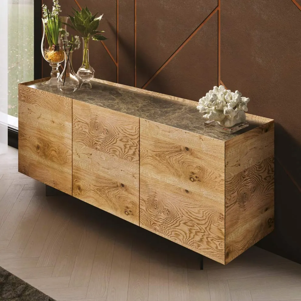 Sideboard aus Holz mit 3 Türen mit Sockel aus gehärtetem Kristall Made in Italy - Soraya