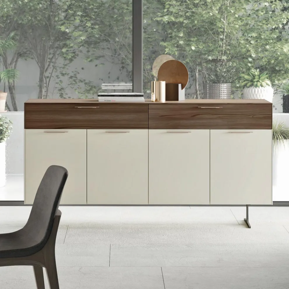Sideboard aus ökologischem Holz mit 4 Türen mit Schubladen und Eschenplatte - Tamara