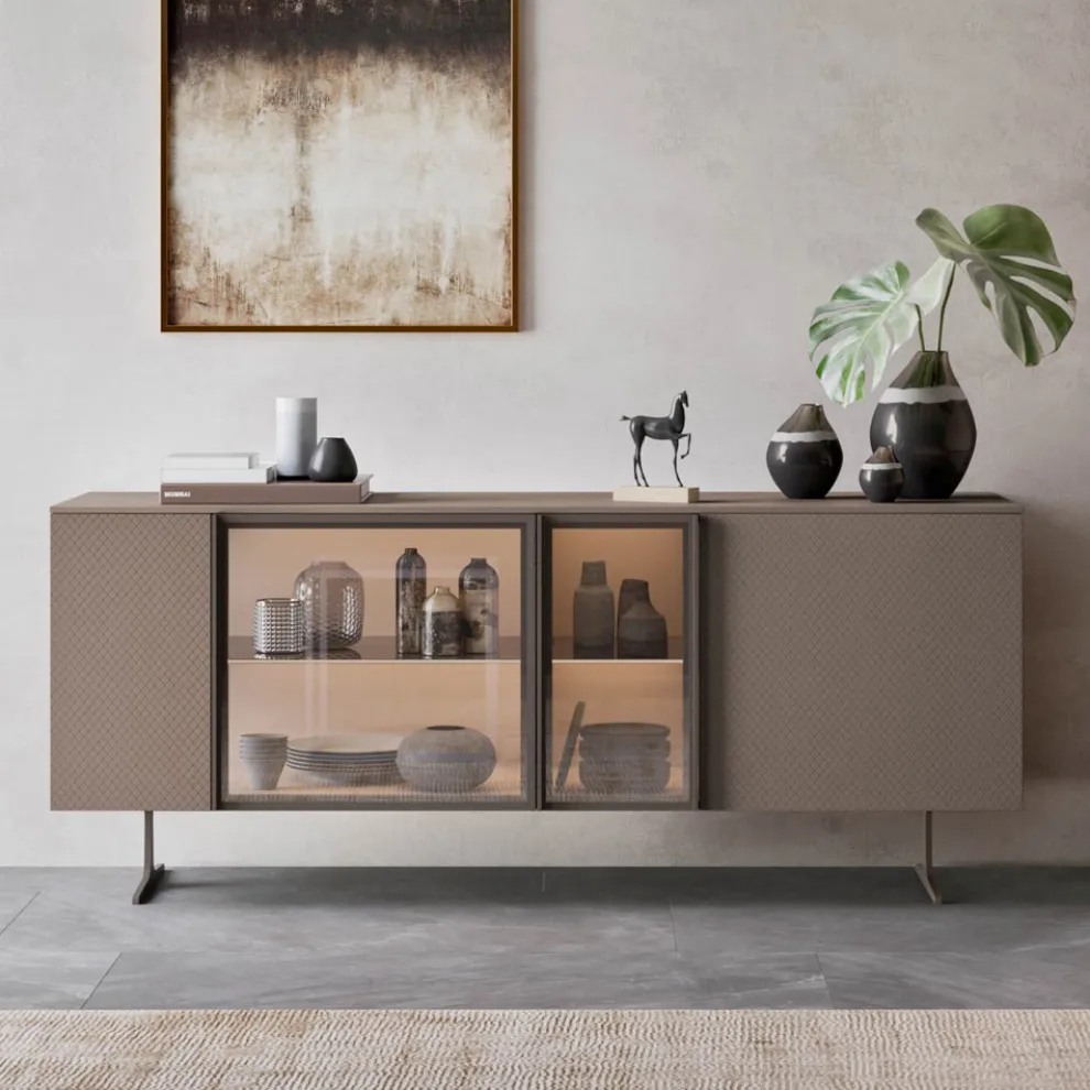 Sideboard aus ökologischem Holz, Glas und Metall für 4-türiges Luxus-Wohnzimmer - Bruno
