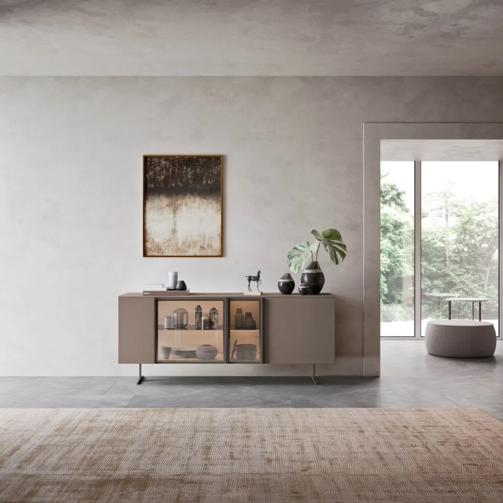 Sideboard aus ökologischem Holz, Glas und Metall für 4-türiges Luxus-Wohnzimmer - Bruno