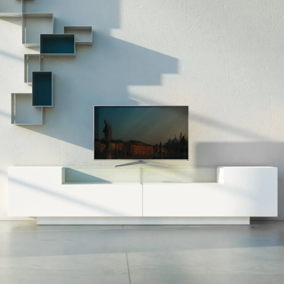 Sideboard aus weißem MDF mit Glaskasten und Sockelfuß Made in Italy - Kisha