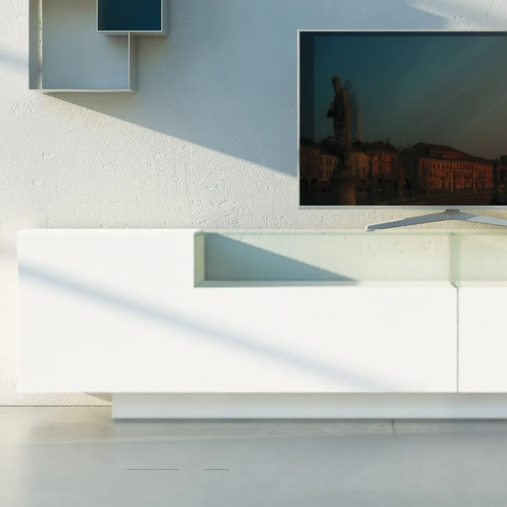 Sideboard aus weißem MDF mit Glaskasten und Sockelfuß Made in Italy - Kisha