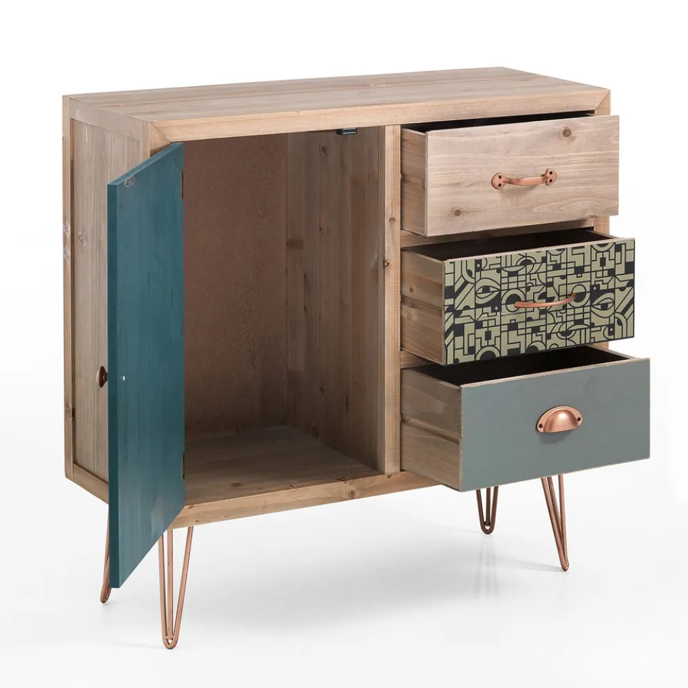 Sideboard mit 1 Tür und 3 farbigen Schubladen – Hassio