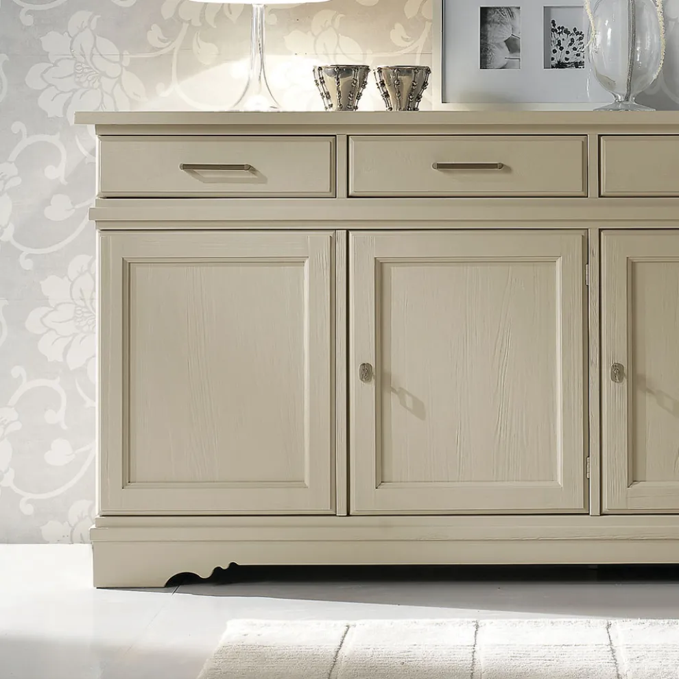 Sideboard mit 3 Türen und 3 Schubladen aus patiniertem Elfenbein, hergestellt in Italien – Gleti