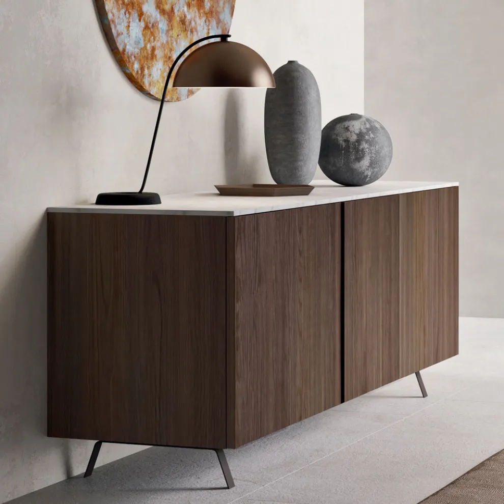 Sideboard mit 2 Türen für Wohnzimmer, aus ökologischem Holz und Metallplatte aus Marmor - Braun