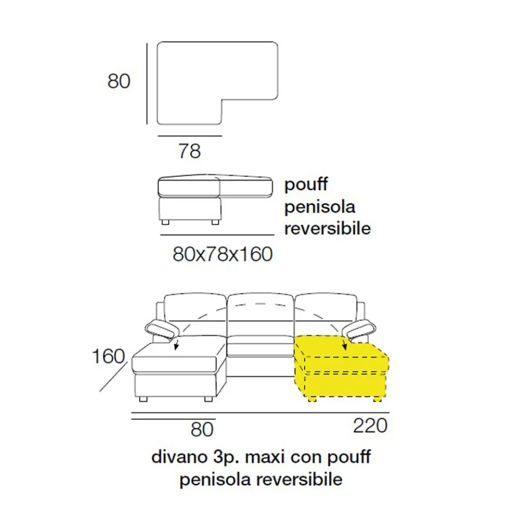3-Sitzer-Sofa mit umkehrbarem Hocker aus Stoff Made in Italy - Budapest
