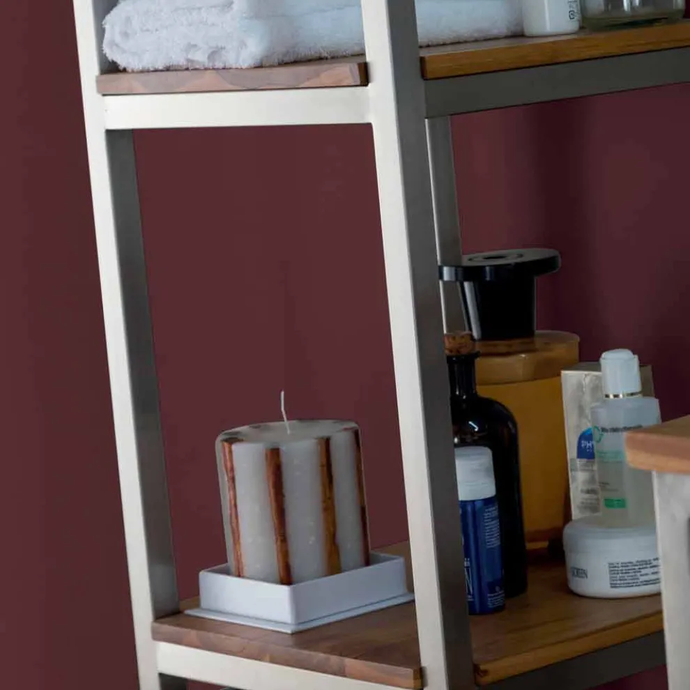 Säulen-Badezimmerschrank aus Teakholz und Stahl mit 4 offenen Regalen - Tamburino