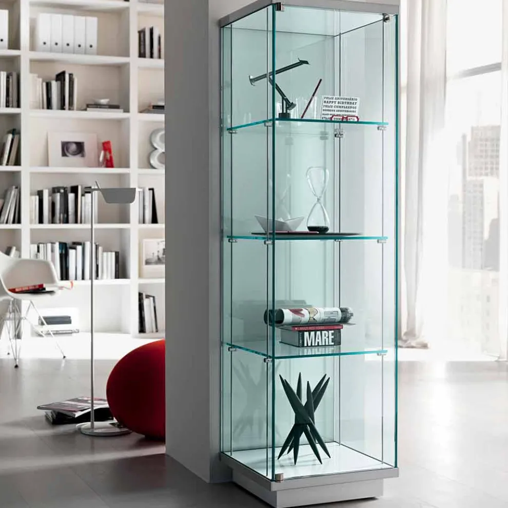 Säulenvitrine aus transparentem Glas mit rechtem oder linkem Knopf - Antonia