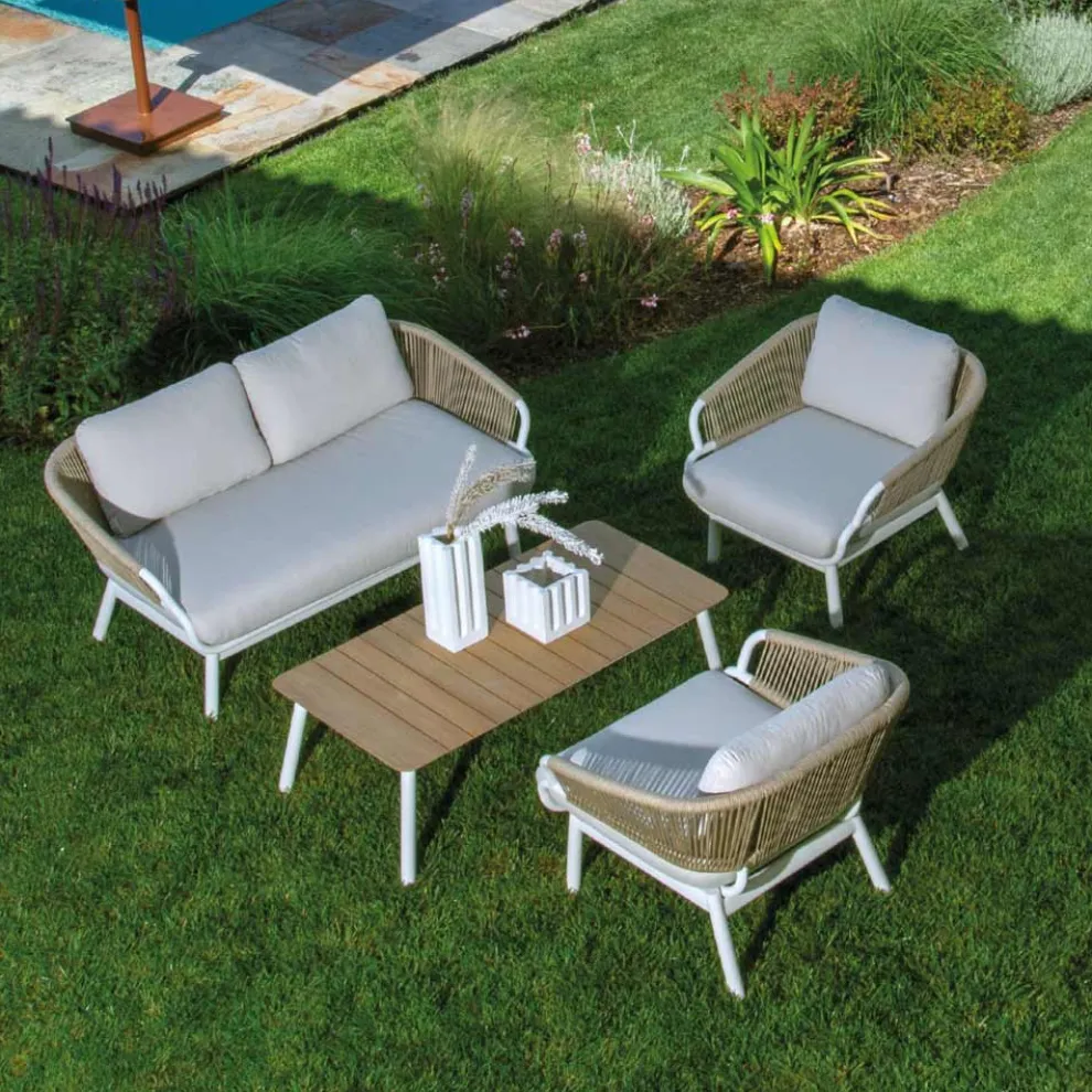 Sofa mit Sesseln und Couchtisch aus weißem Aluminium für den Garten - Tenda