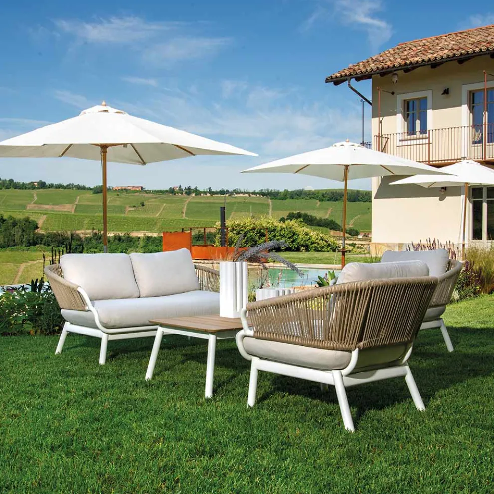 Sofa mit Sesseln und Couchtisch aus weißem Aluminium für den Garten - Tenda