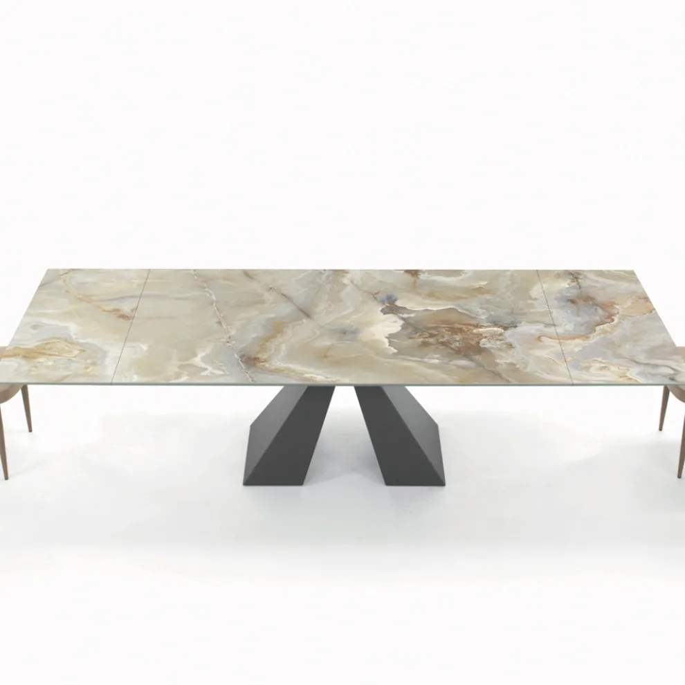 Tisch mit integrierten Verlängerungen und Untergestell aus Nerzstahl, hergestellt in Italien – Dalmatiner
