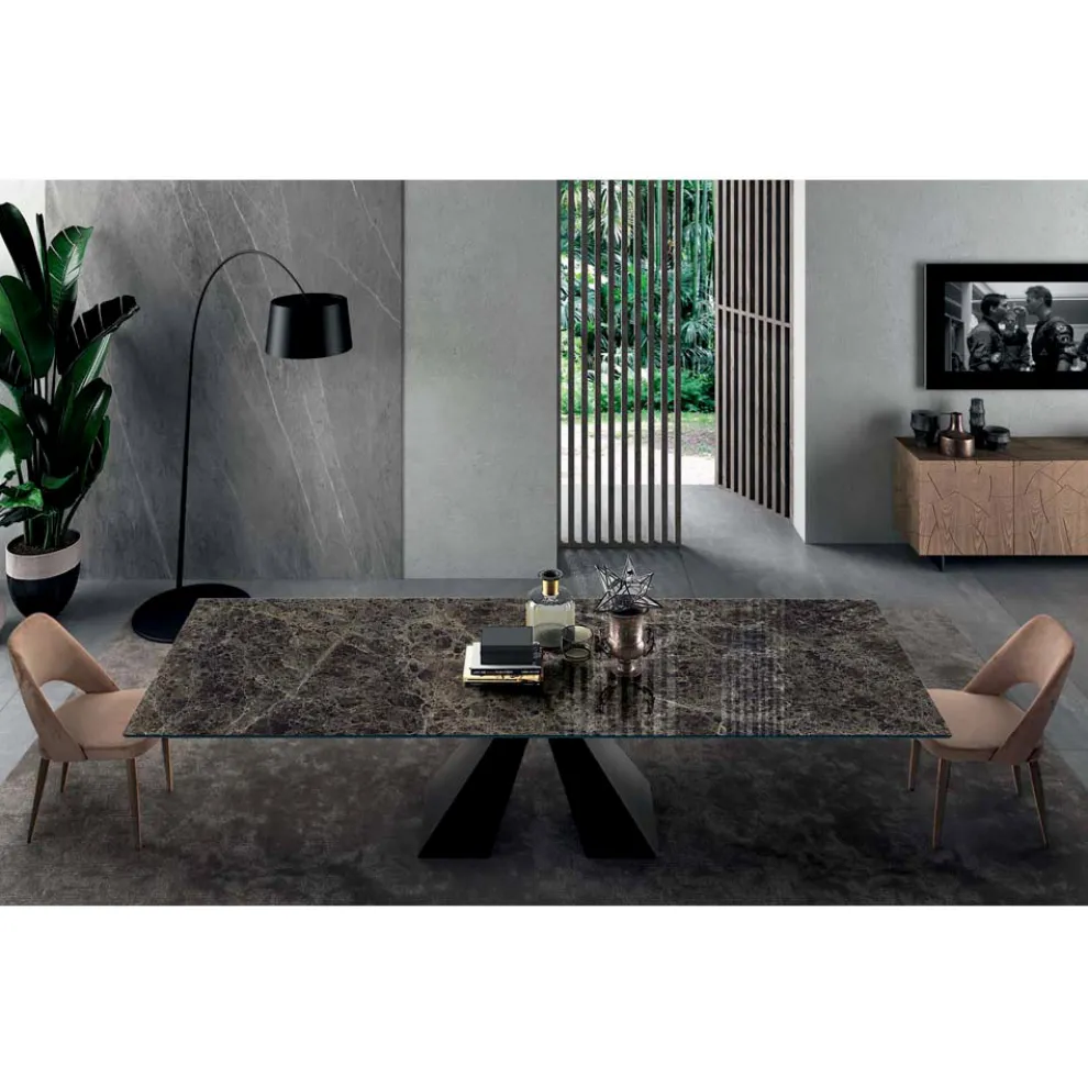 Tisch mit integrierten Verlängerungen aus Keramik und Stahl, hergestellt in Italien – Dalmata