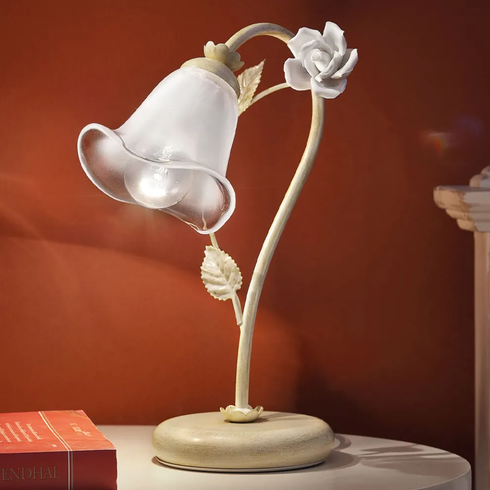 Tischlampe aus Eisen und Glas mit Rose aus Keramik - Siena