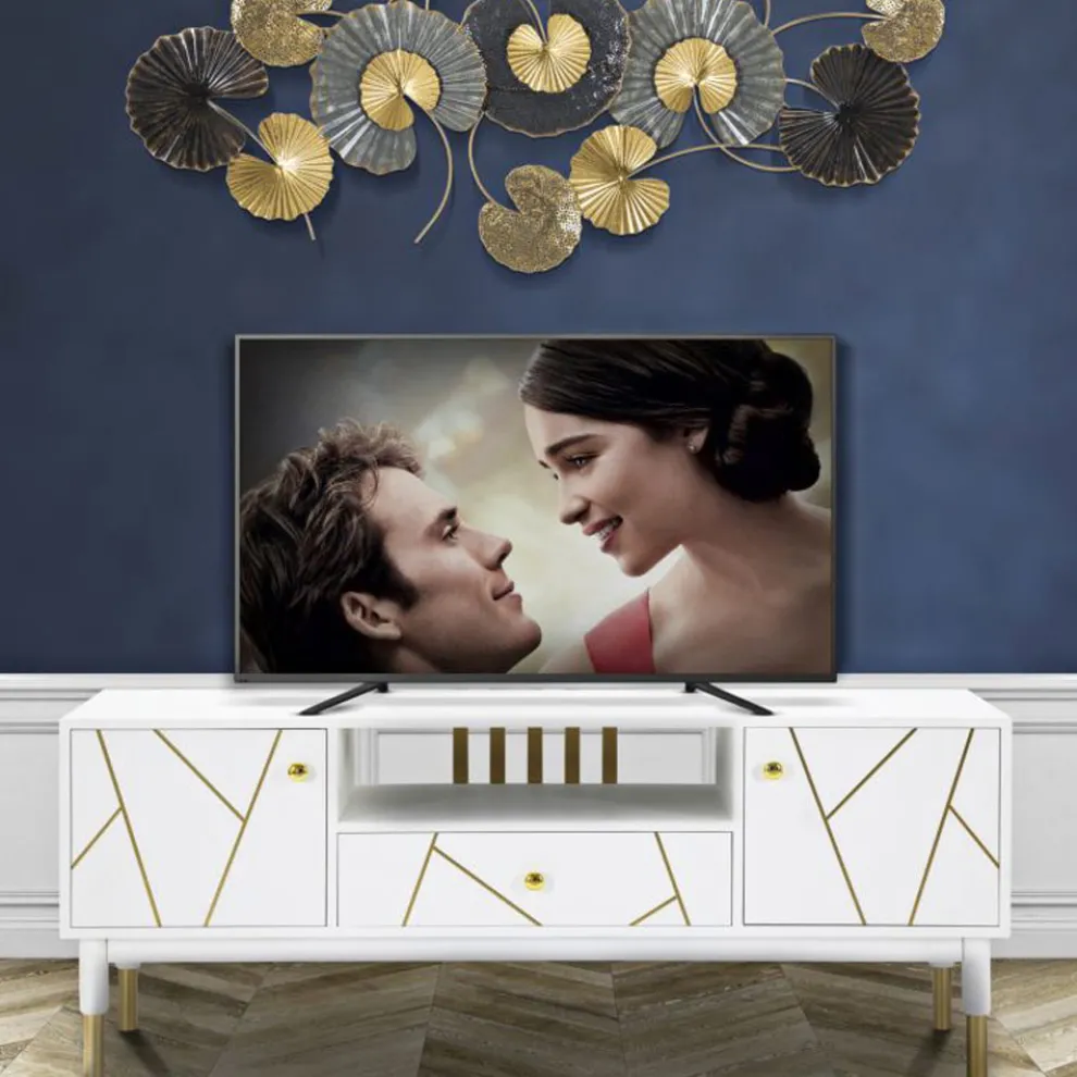 TV-Schrank mit Struktur aus weißem Mdf mit 2 Türen und Schublade - Nunzio