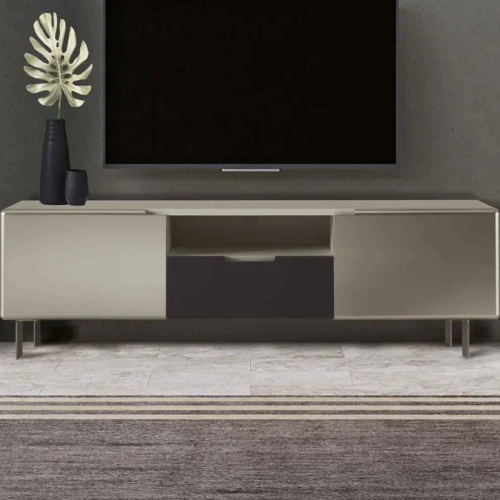 TV-Ständer mit 2 Türen und 1 Schublade in Nickel- und Carbon-Finish – Inga