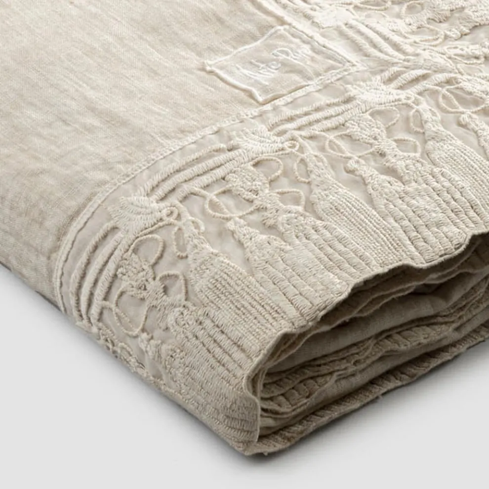 Rechteckige beige Leinentischdecke mit luxuriösem Quasten-Spitzenrahmen - Reißverschluss