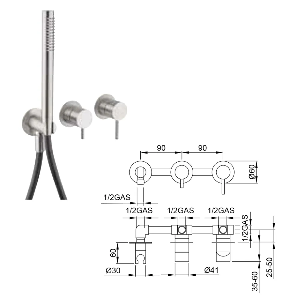 Unterputz-Wannenmischer mit 3 Ausgängen aus AISI 316L-Stahl - Artigli