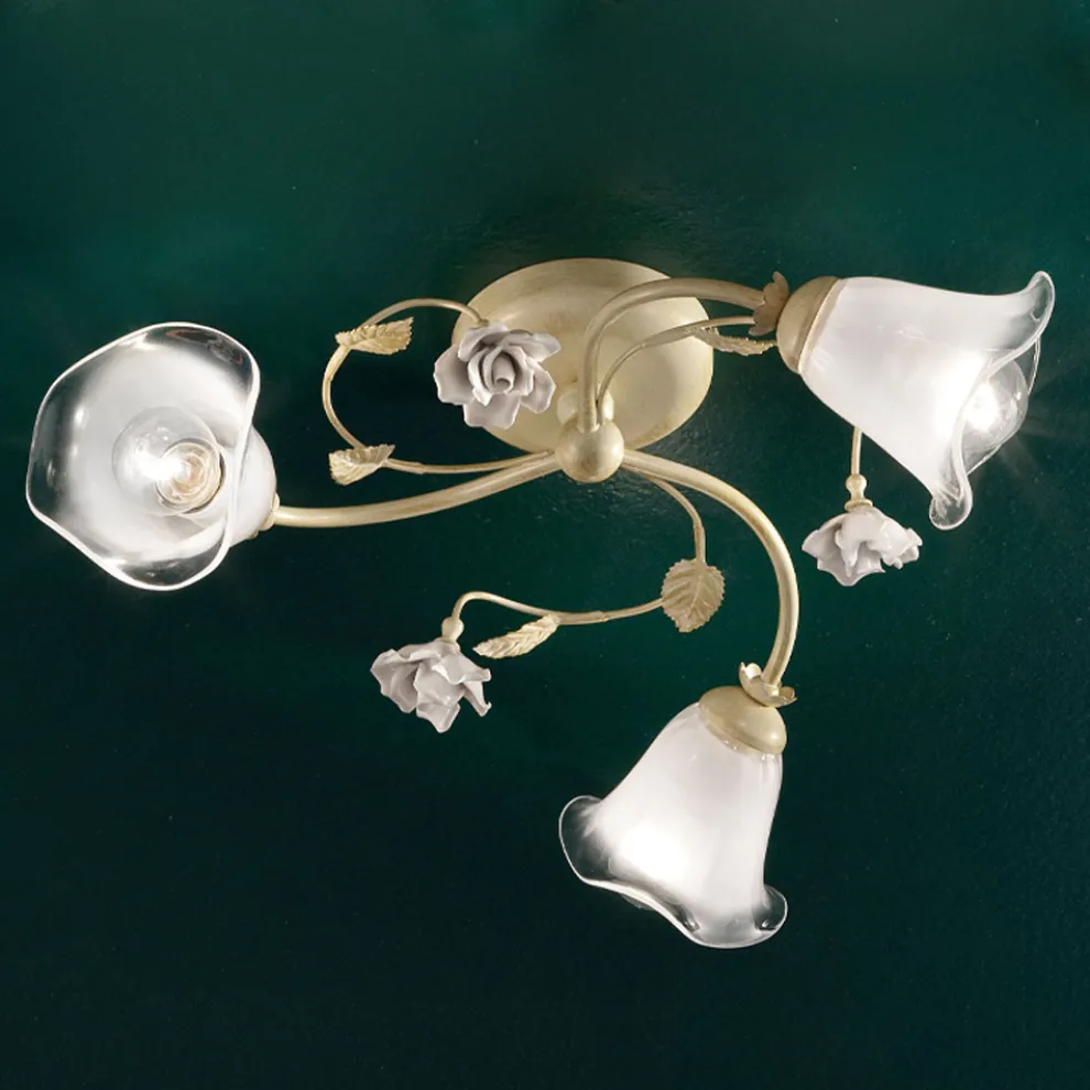 Vintage Deckenlampe 3 oder 4 Lichter aus Eisen, Glas und Keramikrosen - Siena