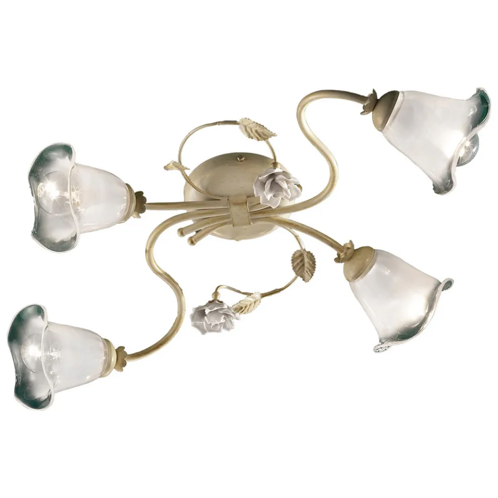 Vintage Deckenlampe 3 oder 4 Lichter aus Eisen, Glas und Keramikrosen - Siena